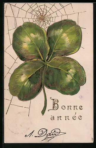 Präge-Lithographie Spinne im Netz über Kleeblatt, Neujahrsgruss