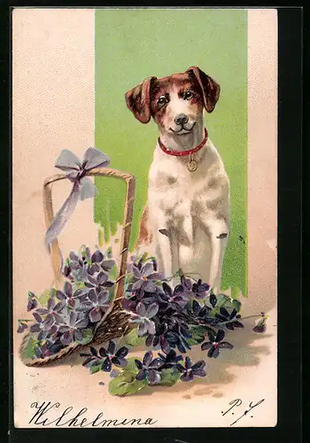Präge-AK Hund vor einem Blumenkörbchen