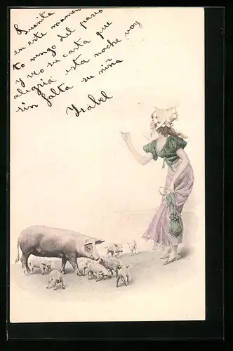 AK Elegante Dame und Schwein mit Ferkeln