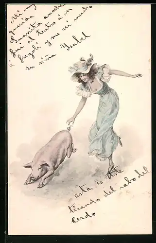 AK Elegante Dame will Schwein am Schwanz ziehen