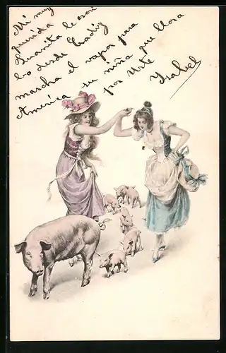 AK Zwei junge Damen und Schwein mit Ferkeln