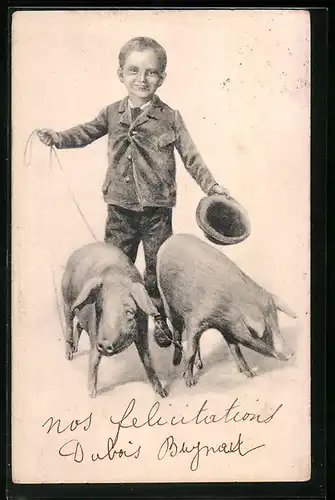 AK Lächelnder Knabe mit Schweinen an der Leine