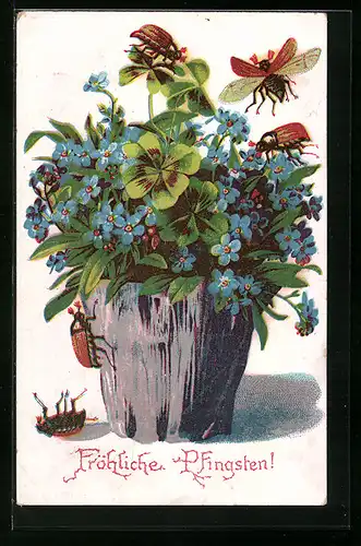 AK Maikäfer an einem Topf mit Vergissmeinnicht, Pfingstgruss