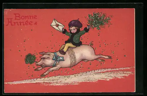 AK Kind auf rennendem Schwein, Neujahrsgruss