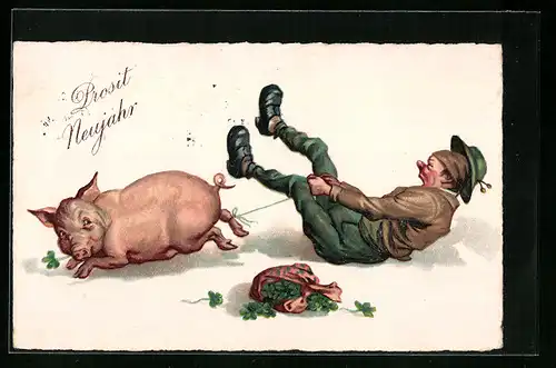 AK Schwein hat Burschen zu Fall gebracht, Neujahrsgruss
