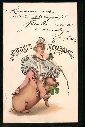 Lithographie Dame im Kleidchen auf einem Schwein, Neujahrsgruss