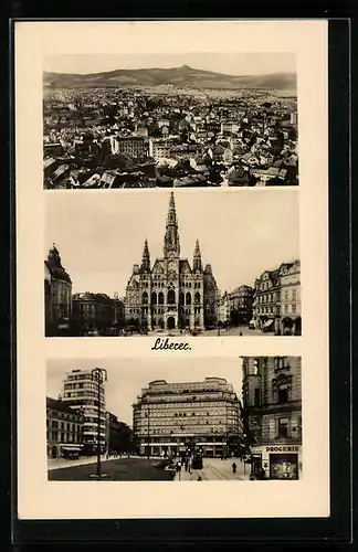 AK Liberec, Rathaus, Geschäftshäuser, Stadt aus der Vogelschau
