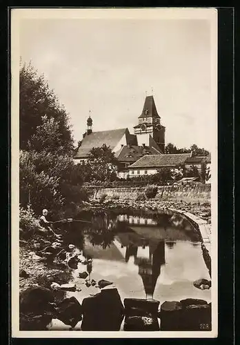 AK Friedland in Böhmen, Blick zur Stadtkirche