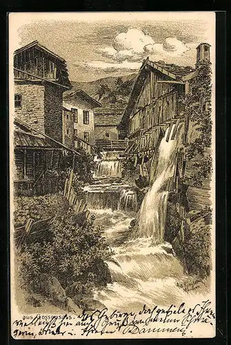 Künstler-AK Gossensass, Ortspartie am Wasserfall