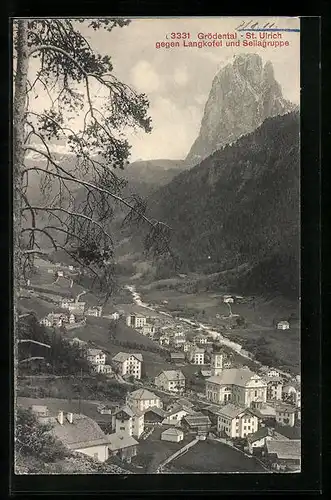AK St. Ulrich /Grödental, Ortsansicht gegen Langkofel und Sellagruppe