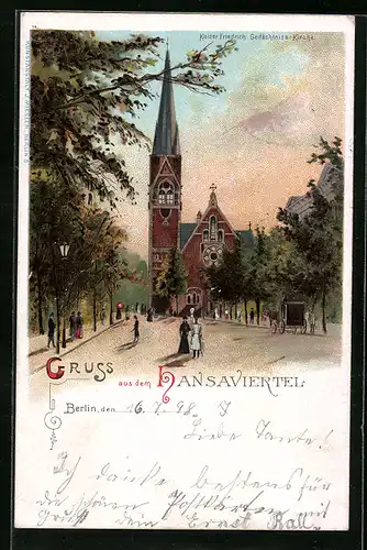Lithographie Berlin, Hansaviertel mit der Kaiser-Friedrich-Gedächtniskirche