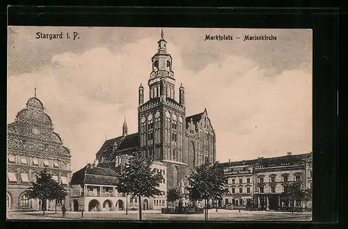 AK Stargard i. Pom., Marktplatz mit Marienkirche