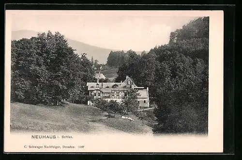 AK Neuhaus i. Schles., Ortsansicht mit Wald