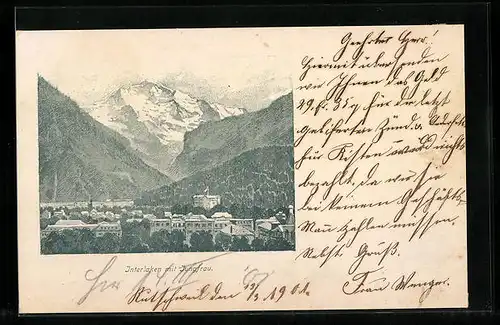 Lithographie Interlaken, Ortsansicht mit Jungfrau
