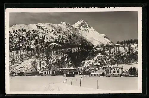 AK Silvaplana, Teilansicht mit Bergen bei Schnee