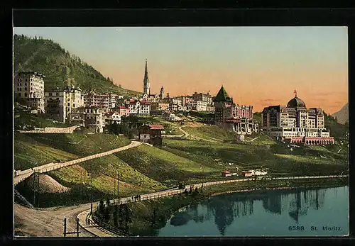 AK St. Moritz, Blick auf Ort mit Kirche und See