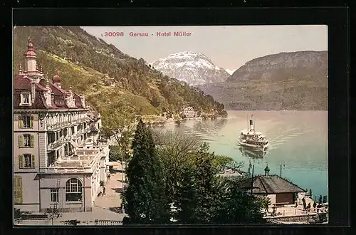 AK Gersau, Hotel Müller mit Dampfer