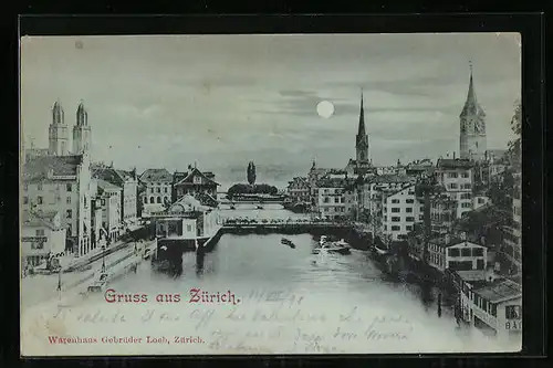 Mondschein-AK Zürich, Uferpartie mit Brücke