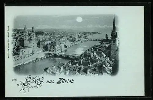 Mondschein-AK Zürich, Uferpartie mit Kirche und Brücken