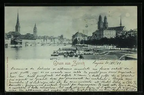 Mondschein-AK Zürich, Uferpartie mit Kirche