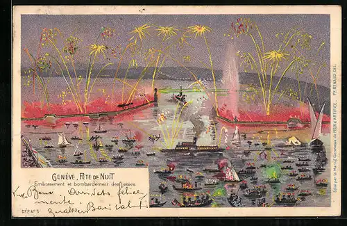 Lithographie Genève, Fête de Nuit, Embrasement et bombardement des jetées