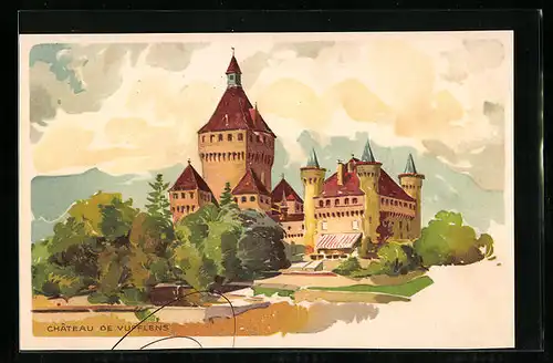 Künstler-AK Vufflens, Château de Vufflens, Reklame für Chocolat Kohler