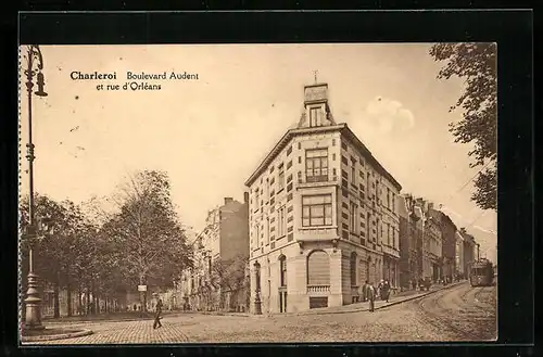AK Charleroi, Boulevard Audent et rue d`Orléans, Strassenbahn