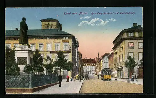 AK Mainz, Gutenberg-Denkmal und Ludwigstrasse mit Strassenbahn