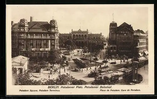 AK Berlin, Potsdamer Platz und Potsdamer Bahnhof mit Strassenbahnen