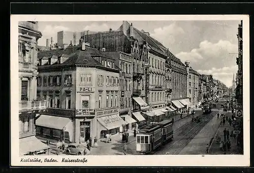 AK Karlsruhe, Kaiserstrasse mit Strassenbahn