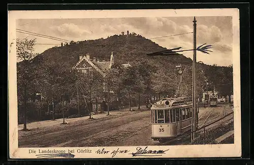 AK Görlitz, Die Landeskrone mit Strassenbahnen