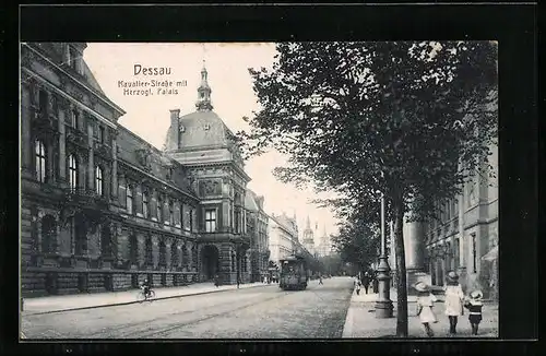 AK Dessau, Kavalierstrasse mit Herzogl. Palais, Strassenbahn