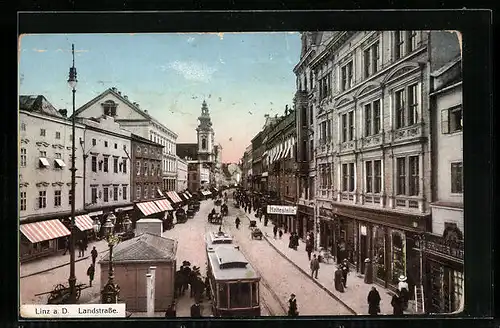 AK Linz a. D., Strassenbahn in der Landstrasse