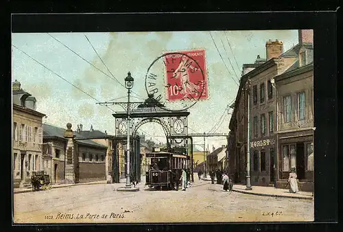 AK Reims, La Porte de Paris, Strassenbahn