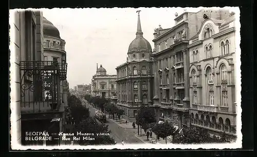 AK Belgrade, Rue Roi Milan, Strassenbahn