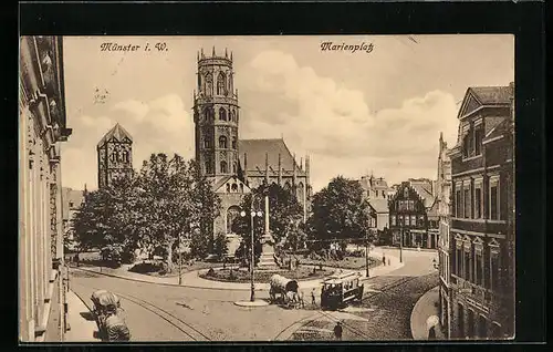 AK Münster i. W., Ansicht vom Marienplatz, Strassenbahn
