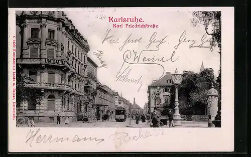 AK Karlsruhe, Karl Friedrichstrasse, Strassenbahn