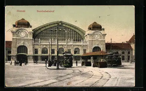 AK Basel, Bundesbahnhof, Strassenbahn