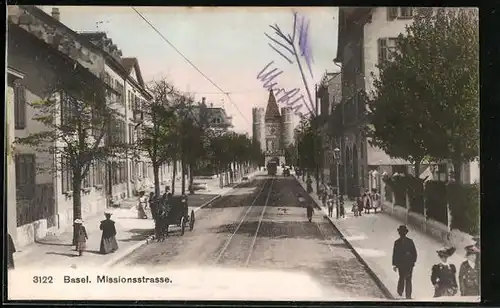 AK Basel, Missionsstrasse, Strassenbahn, Tor