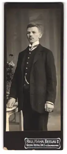 Fotografie Paul Hahn, Breslau, Gustav Freitag Str. 3, Junger Mann im Anzug mit Krawatte