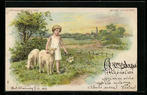 Lithographie Ostergruss mit Kind und Schafen