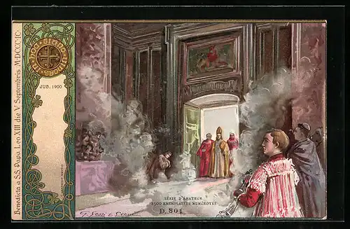 Lithographie Papst Leo XIII. betritt den Raum