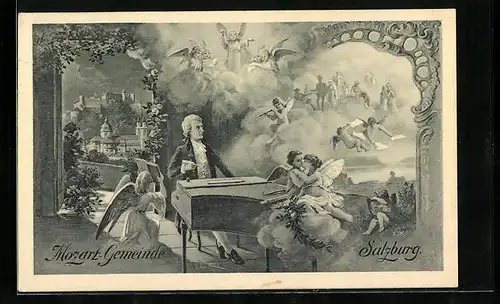 AK Komponist Mozart am Klavier mit Engeln