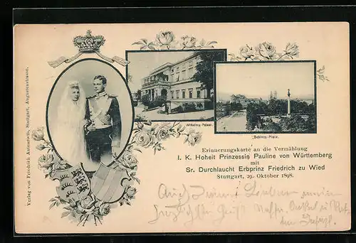 AK Vermählung Prinzessin Pauline von Württemberg mit Erbprinz Friedrich zu Wied, Erinnerungskarte