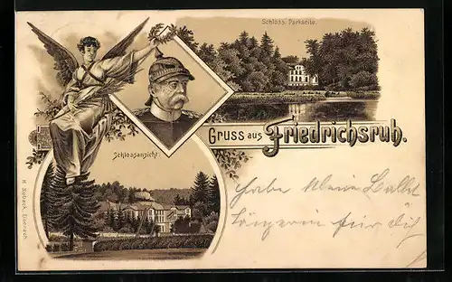 Lithographie Friedrichsruh, Bismarck und Schloss