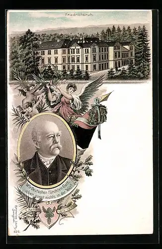 Lithographie Bismarck und Schloss Friedrichsruh