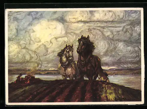 Künstler-AK Reklame für Eduscho Kaffee, Bauer mit Pferdegespann beim Pflügen