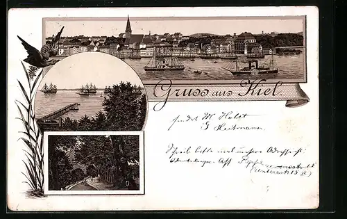 Vorläufer-Lithographie Kiel, 1894, Dampfer vor der Stadt, Strassenpartie