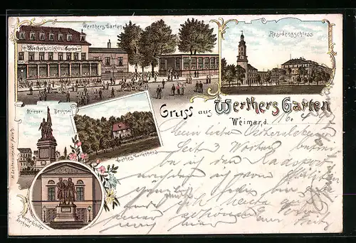 Lithographie Weimar, Residenzschloss, Goethes Gartenhaus, Gasthaus Werthers Garten mit Strasse