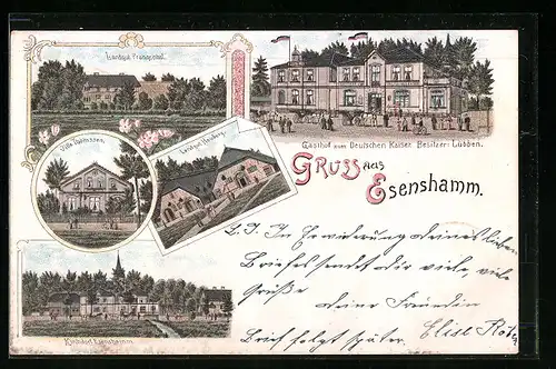 Lithographie Esenshamm, Gasthof zum Deutschen Kaiser, Landgut Heuberg, Villa Thomssen